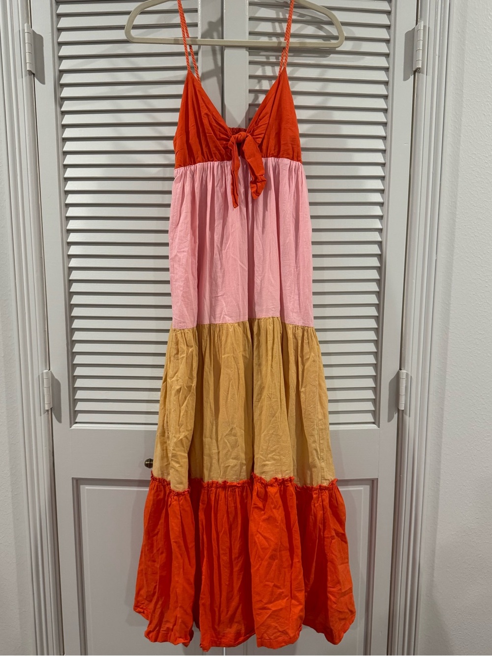 Colorblock Tiered Maxi Dress - Orange, Pink, Tan